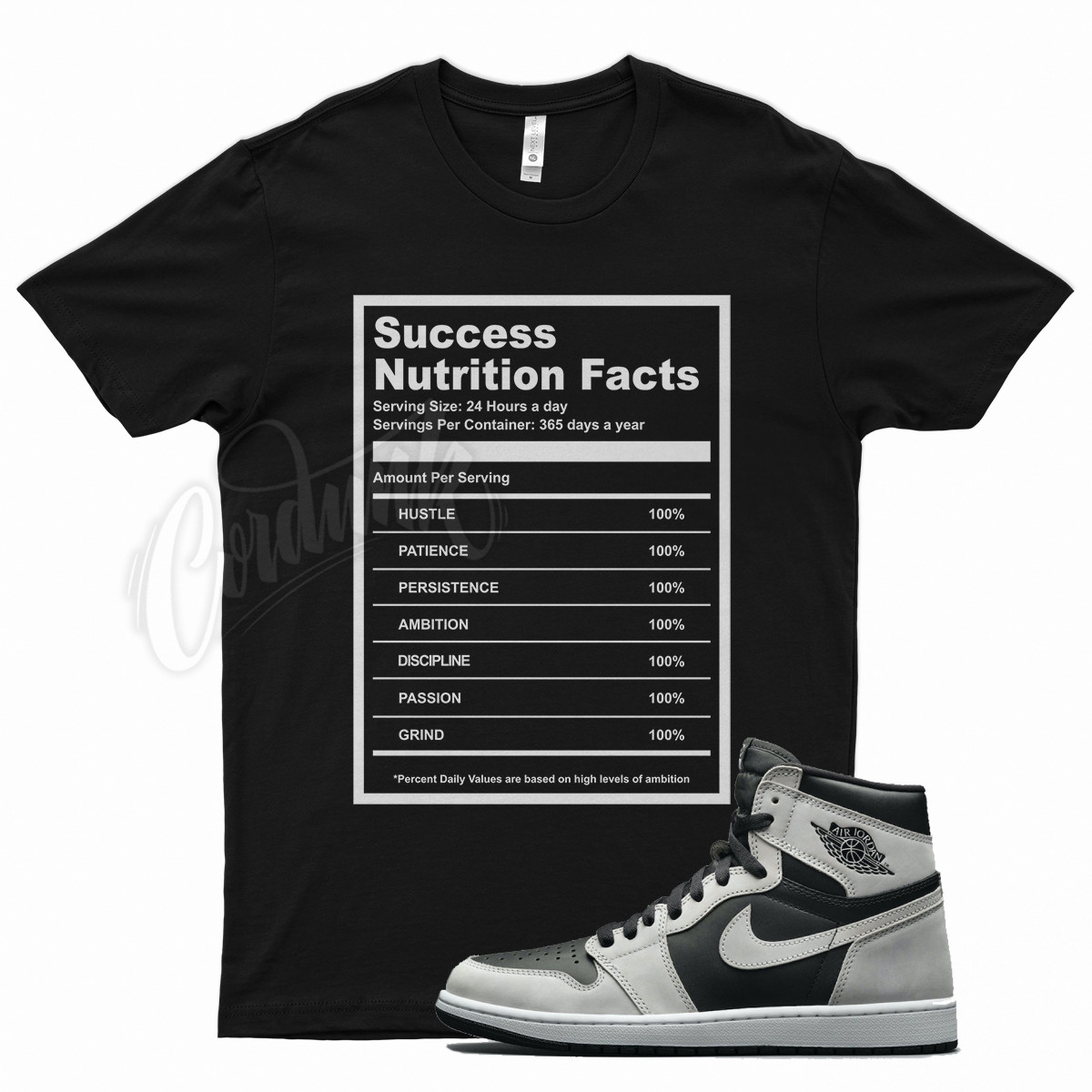 Black SUCCESS T Shirt for J1 1 High OG Shadow 2.0 Smoke Vast Grey Jubilee