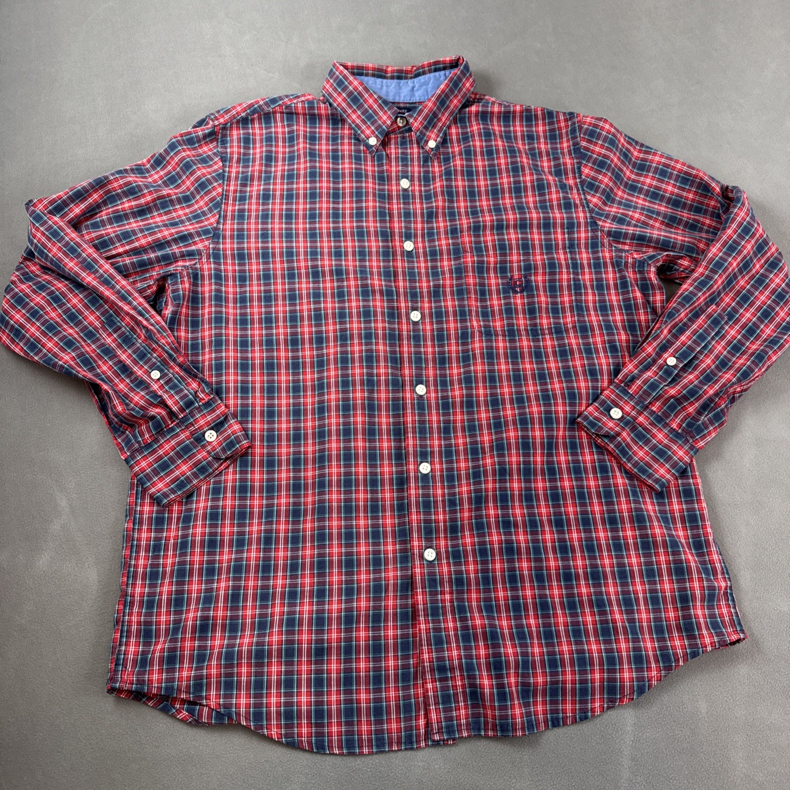 Chaps Plaid Button Down Shirt Mens M Red Blue Long Sleeve Easy Care Cotton Blend