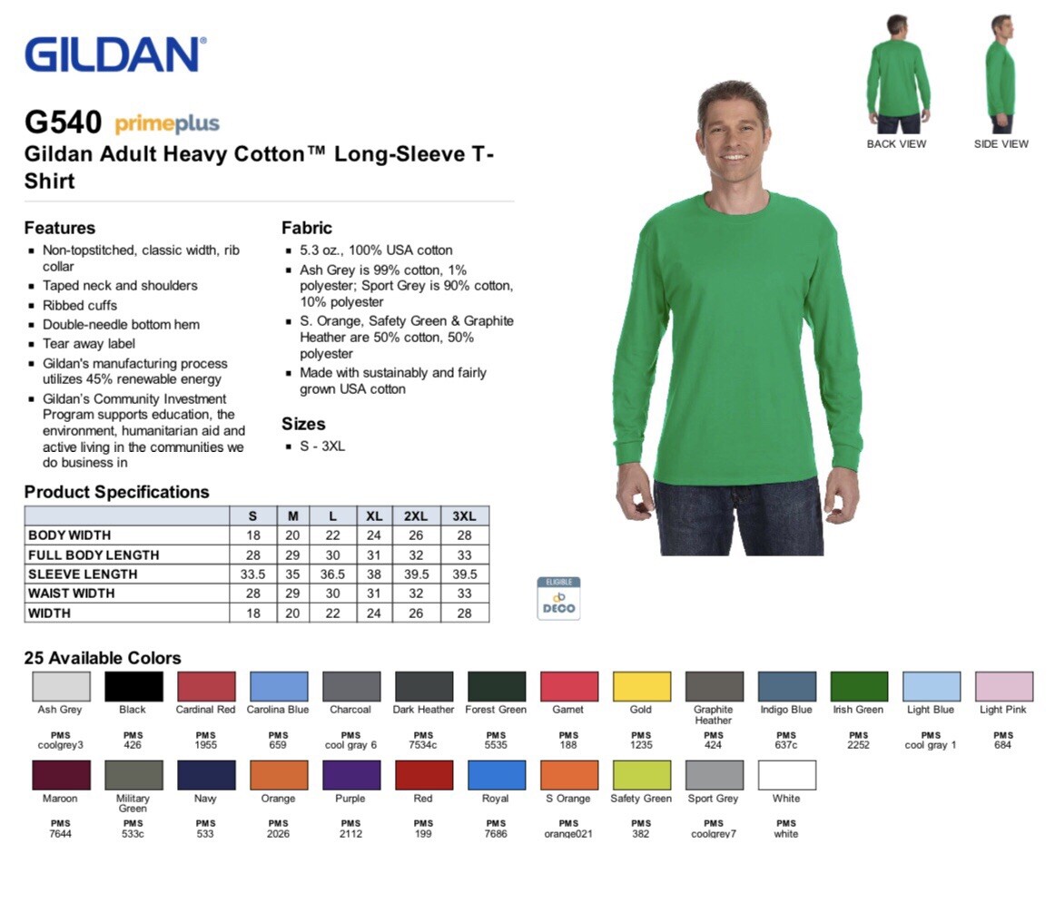GILDAN (5400) HEAVY COTTON LONG SLEEVE CREW NECK T-SHIRT **NEW**