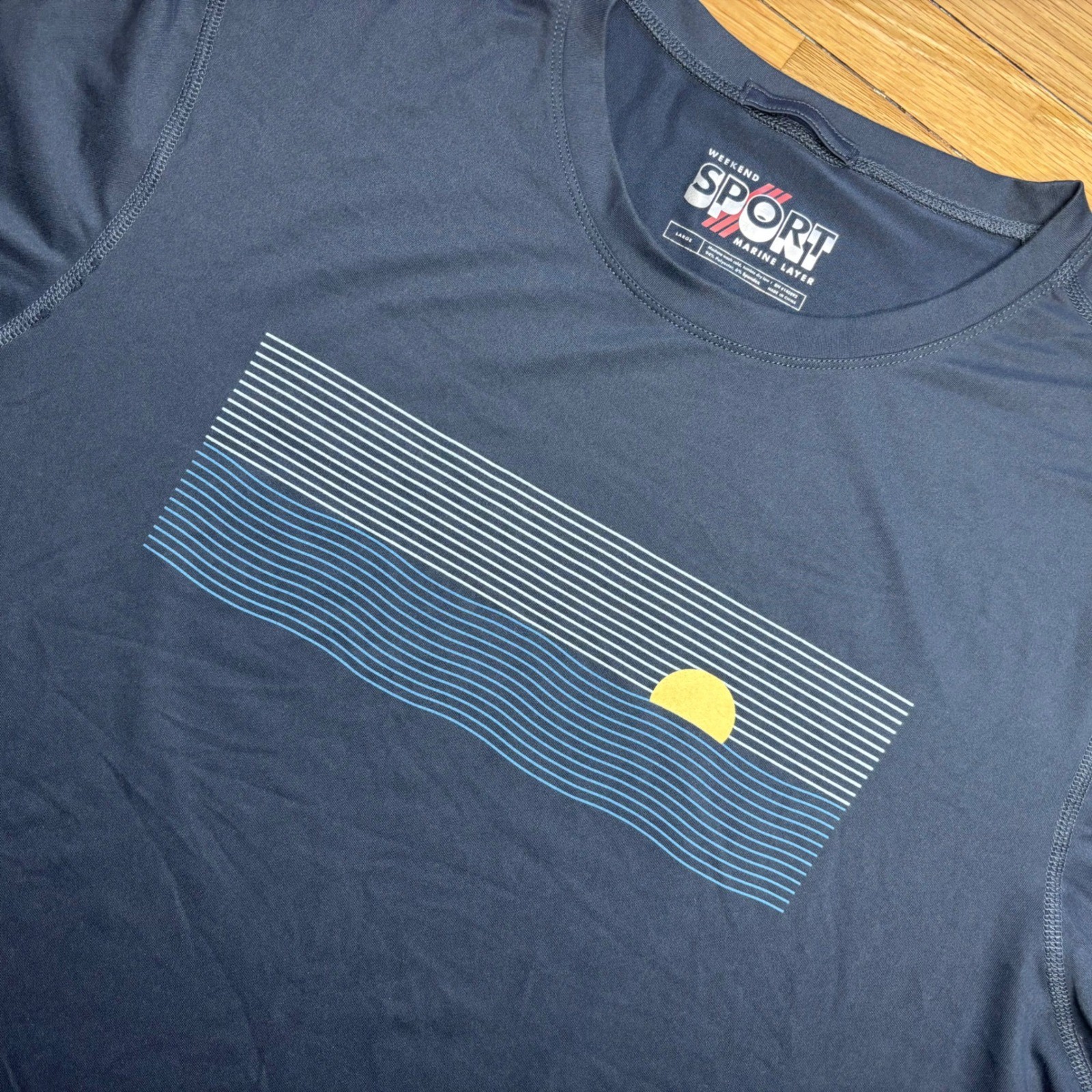 Marine Layer Mens Weekend Sport T-Shirt Large Strips Navy Blue Soft Performance