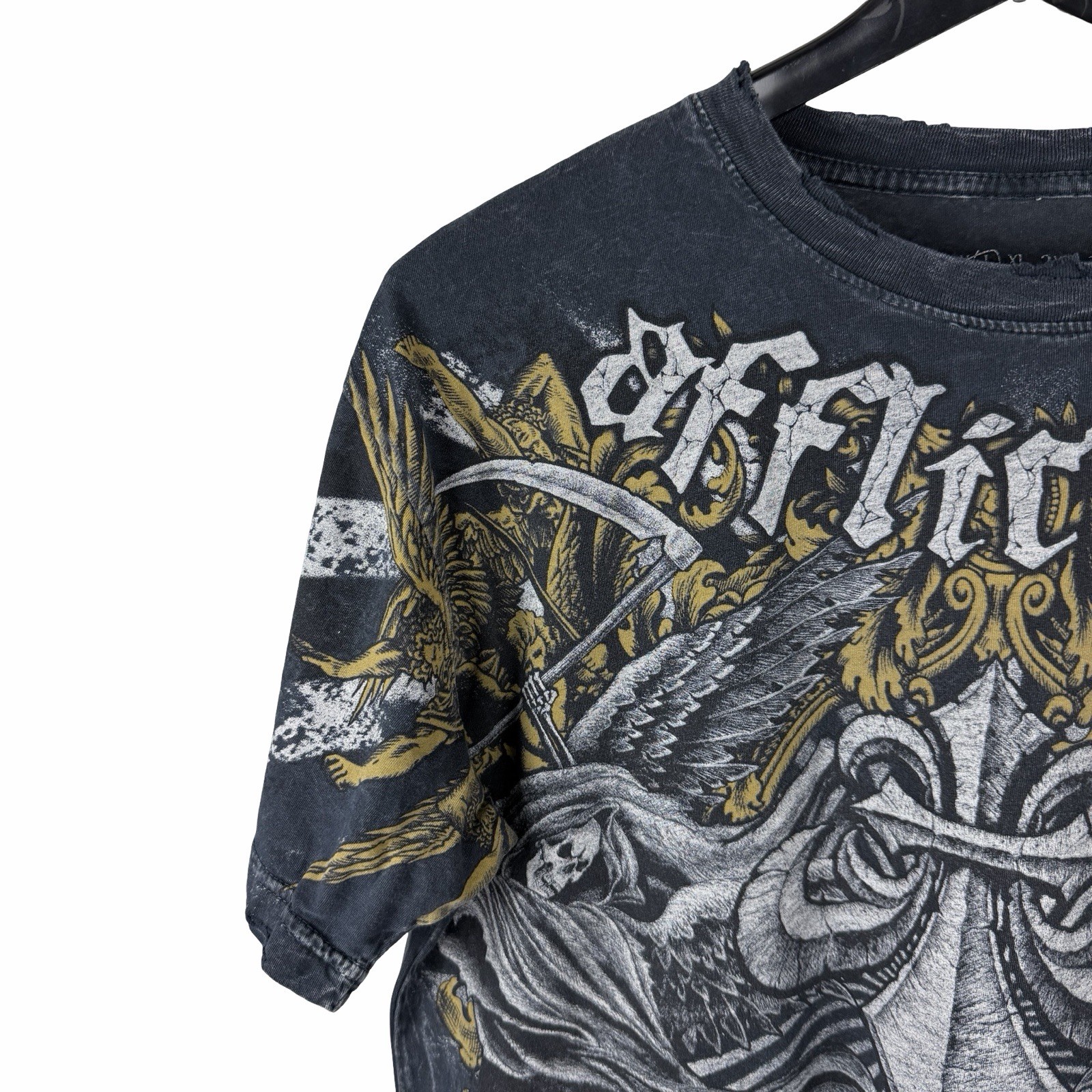 Mens Y2K Affliction Cross Wing Grunge Punk AOP Graphic Grey Shirt Size L