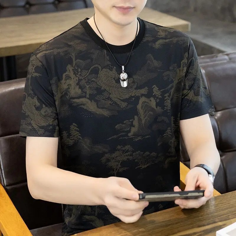 Men&rsquo;s Ice Silk Cooling T-Shirt Summer Print Casual Short Sleeve O-Neck Top
