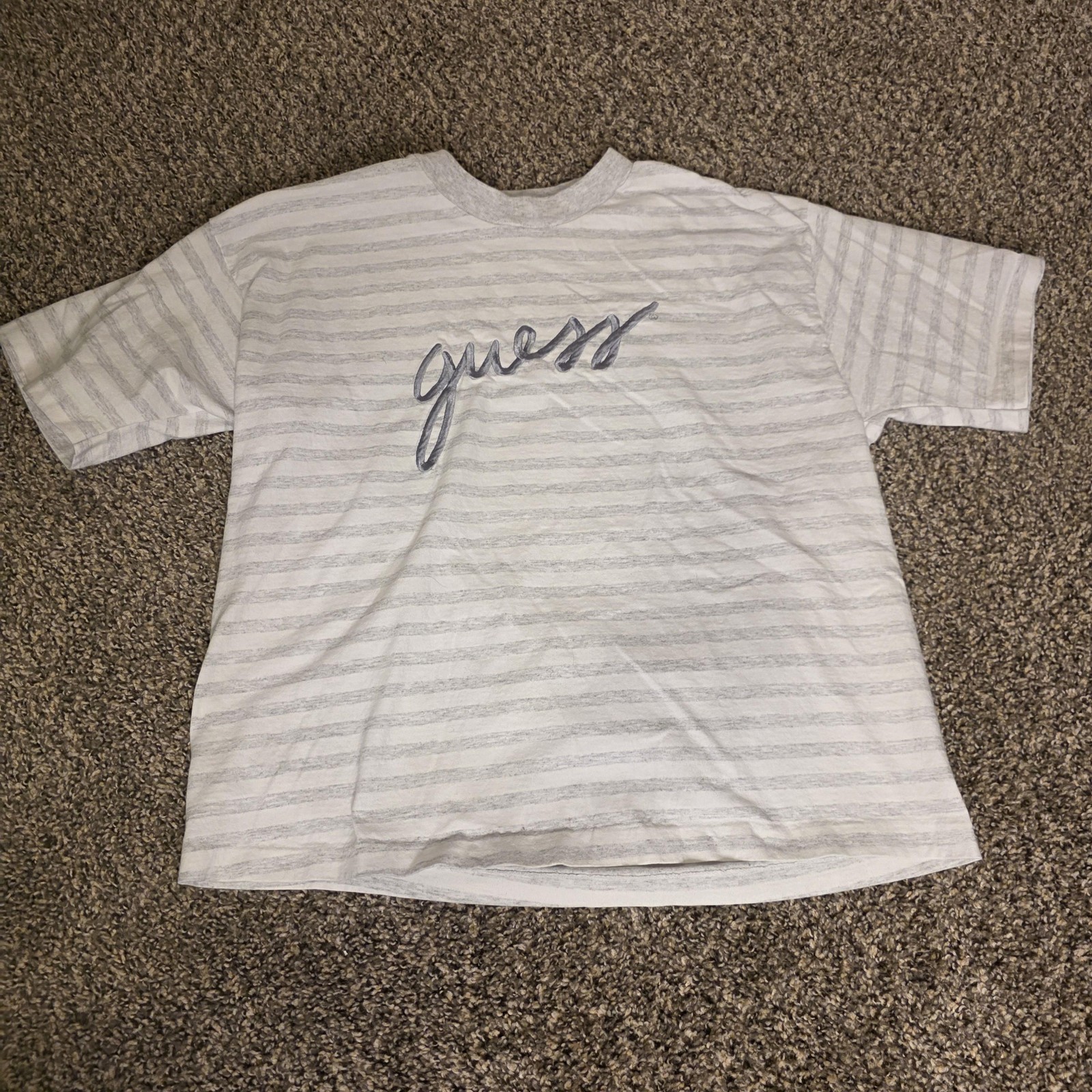 Vintage Guess Shirt Mens Large White Gray Stripe Script Logo Tee Made USA 80s