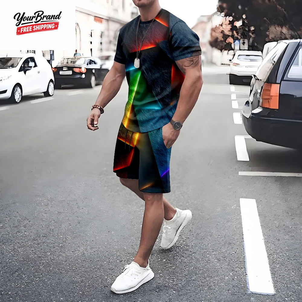 Plus Size Irregular Geometric T-Shirt Shorts 2-Piece Set Quick Drying Loose Men&rsquo;