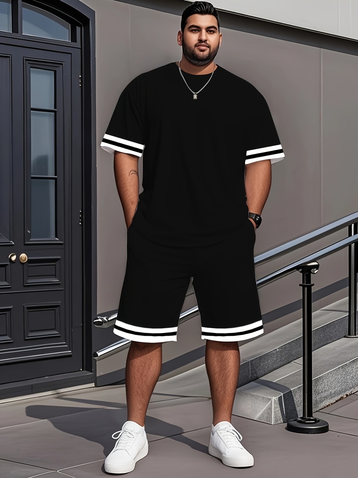 Plus-size men&rsquo;s T-shirt set, casual style, crew neck, short-sleeved, shorts set