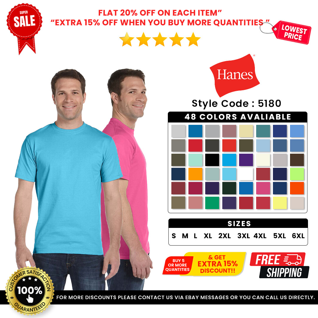 Hanes 5180 Men&rsquo;s Cotton Crew Neck Short Sleeve Plain Blank Beefy-T T-Shirt