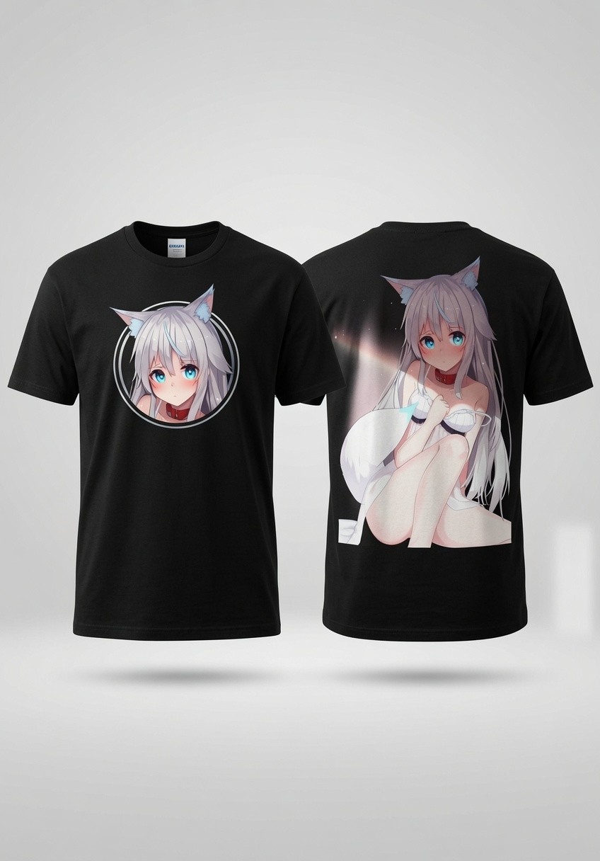 Wolf Girl Silver Hair Blue Eyes Black Gildan T-Shirt Kawaii