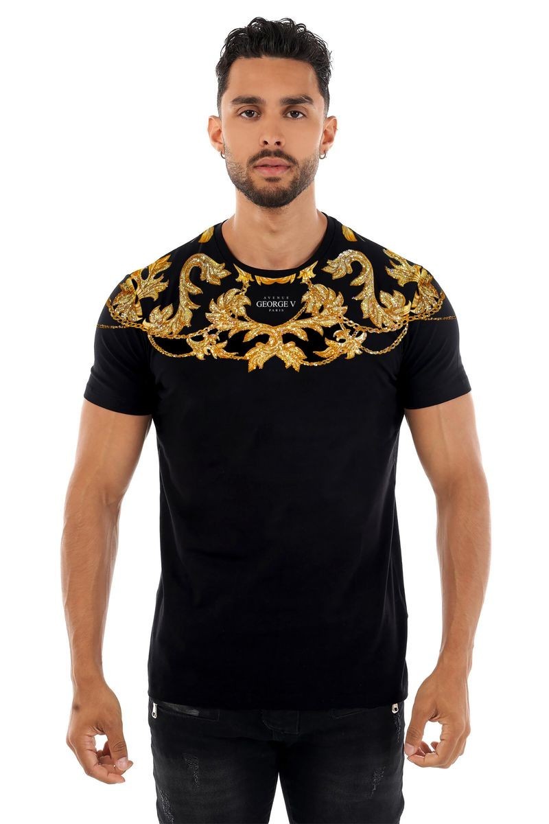 Avenue George V Paris Men Short Sleeves BLACK T-shirt Gold Chain rhinestone