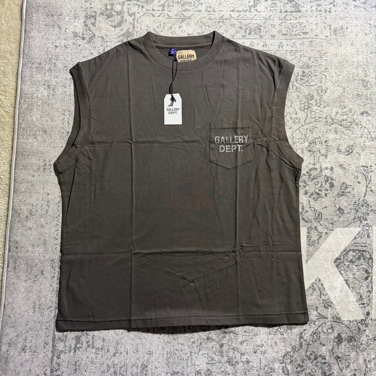 Gallery Dept Muscle Tee Size Medium Charcoal Grey Sleeveless Pocket Logo Shirt