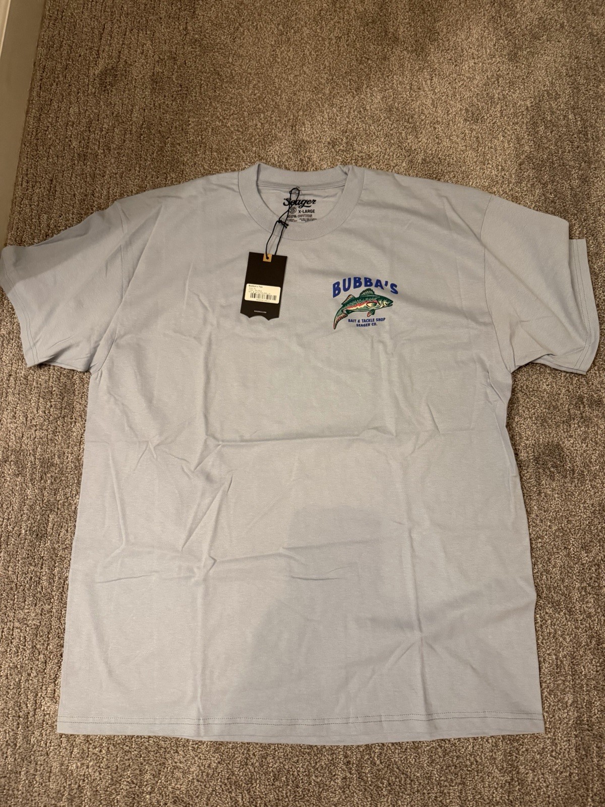 Seager T Shirt Graphic Mens Tee Bubbas Fishing Bait Size XL Sky Blue NEW RARE