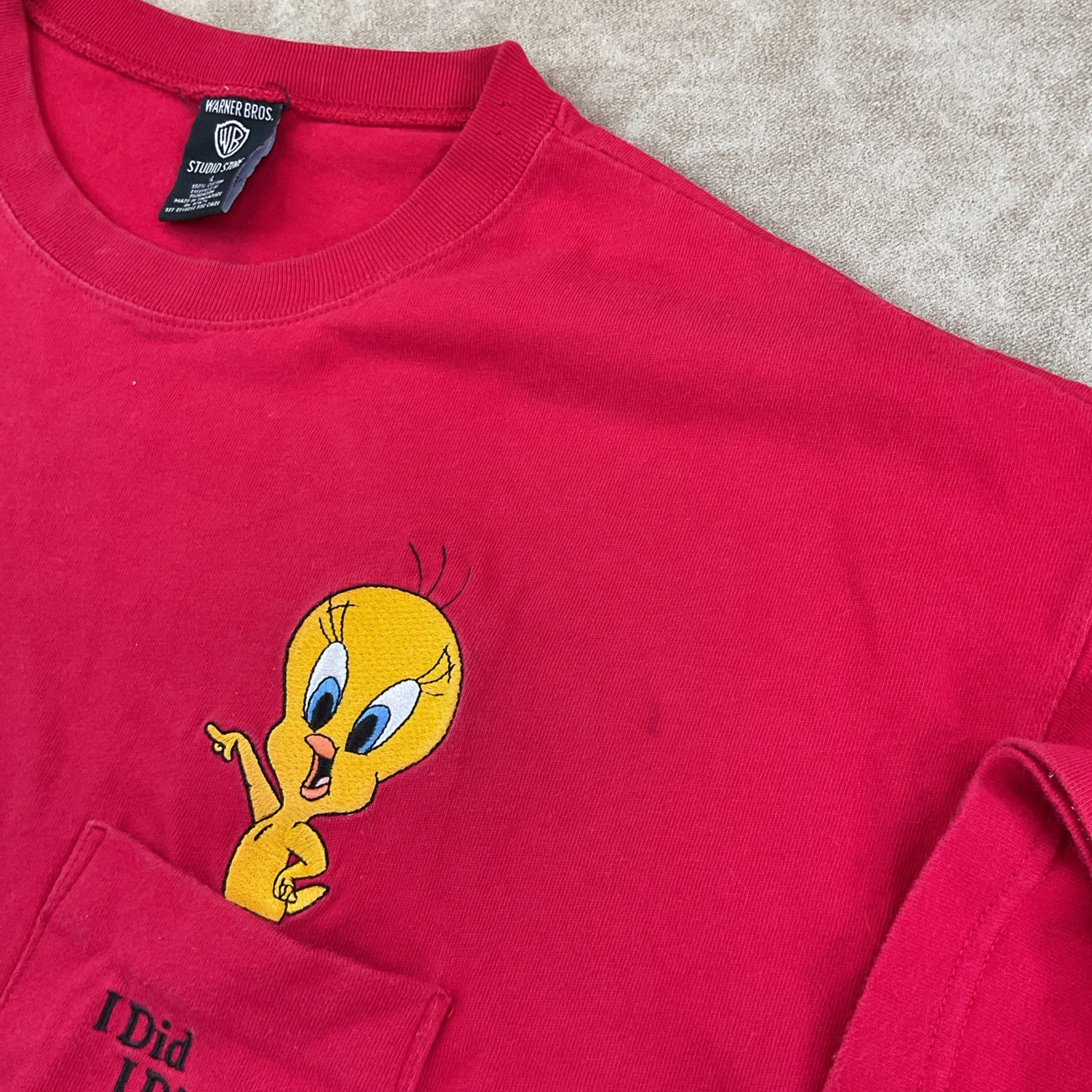 Vintage Warner Bros Tweety Bird T-Shirt L 90s I Did See A Puddy Tat! Embroidered