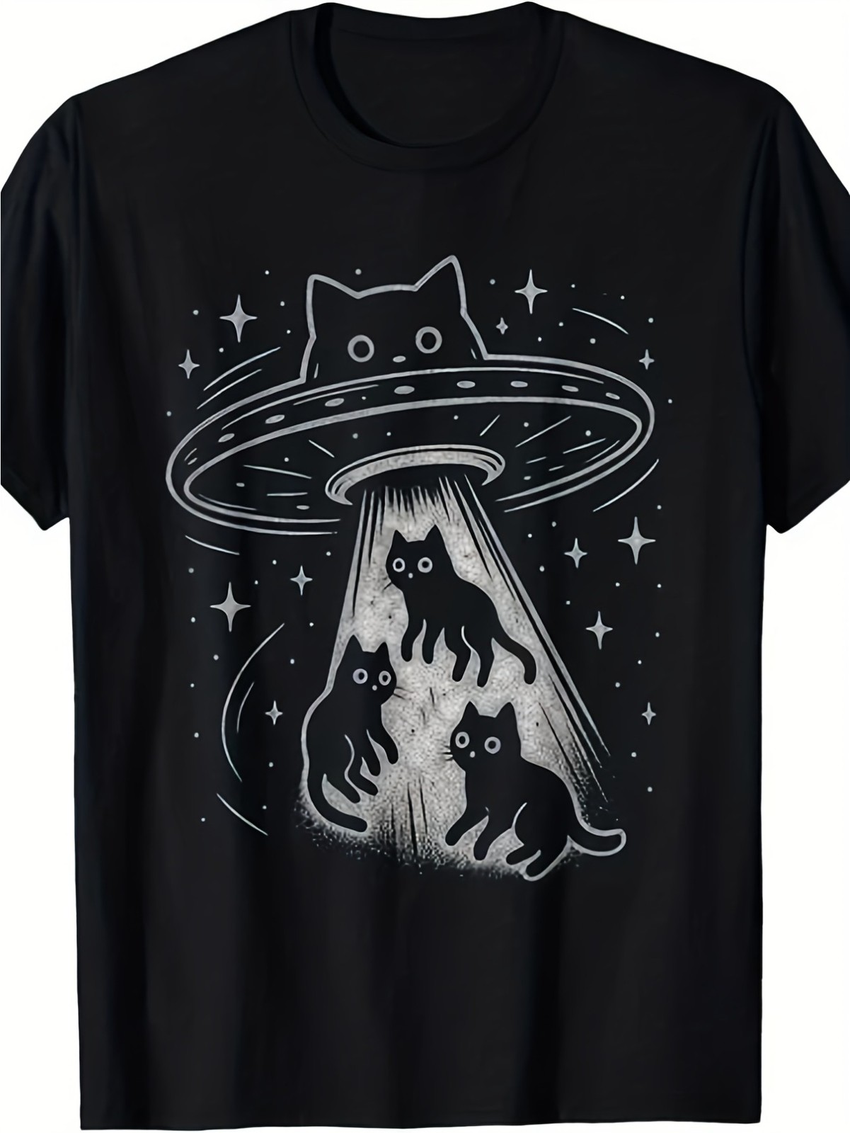 Funny Cat UFO Abduction Graphic T-Shirt Alien Space Cute Kitty Sci-Fi Tee Gift