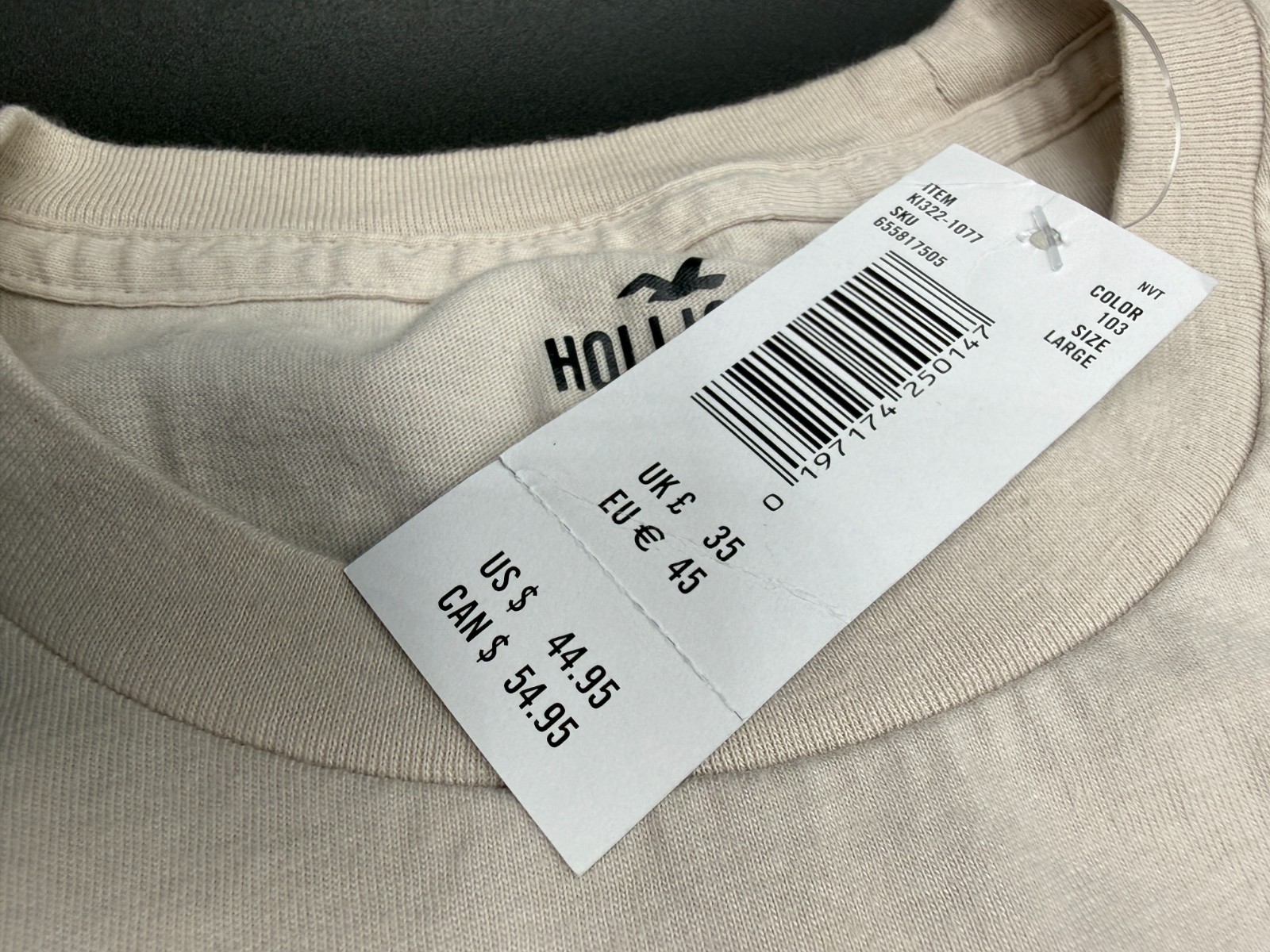 Hollister Script Logo Men&rsquo;s T-Shirt Large Cream Short Sleeve New With Tags