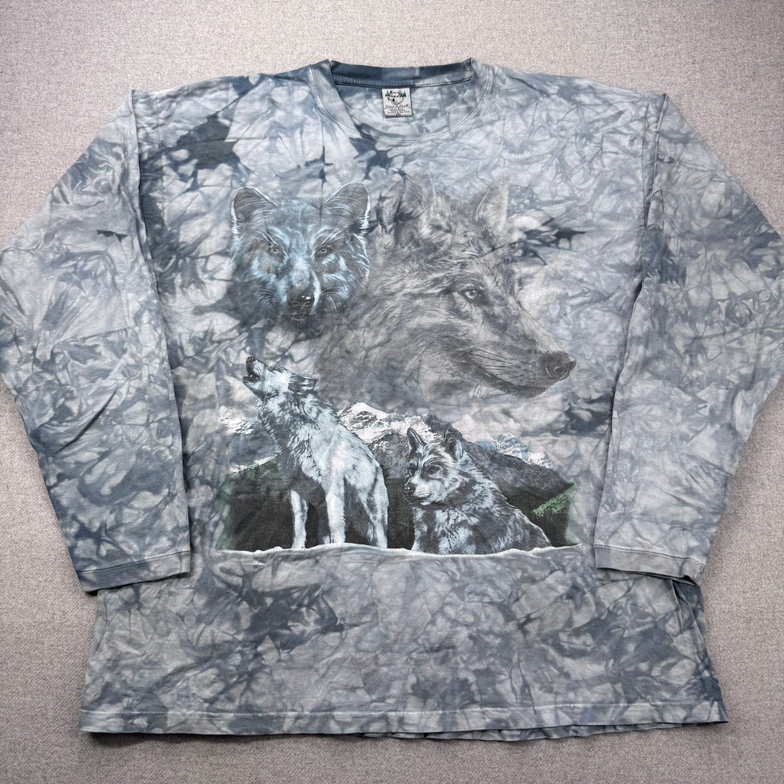 Vintage 90s Back to Earth T-Shirt Size 2XL Wolf Nature Tie Dye Long Sleeve *FLAW