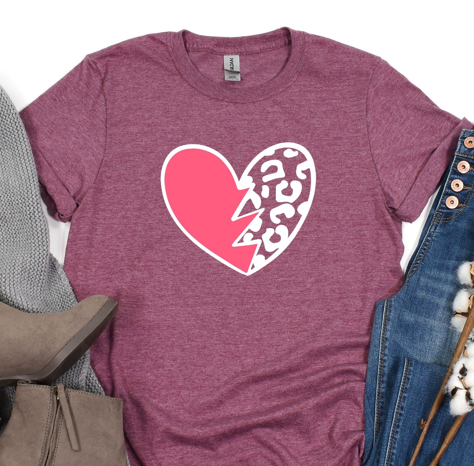 Heart Shirt, Leopard Pattern T-Shirt, Love Tee, Gift for her, Valentines Day Tee