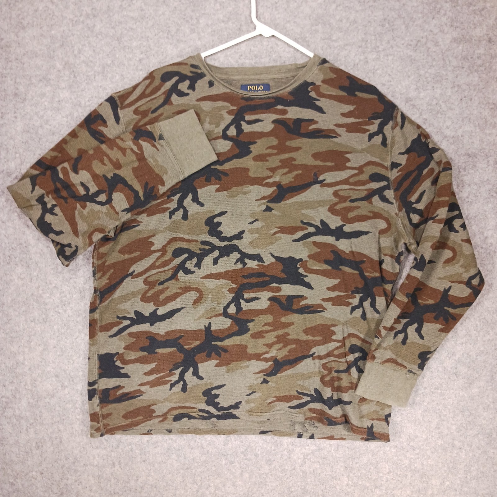 Polo Ralph Lauren Shirt Men XL Green Camo Thermal Waffle Knit Camouflage Hunting
