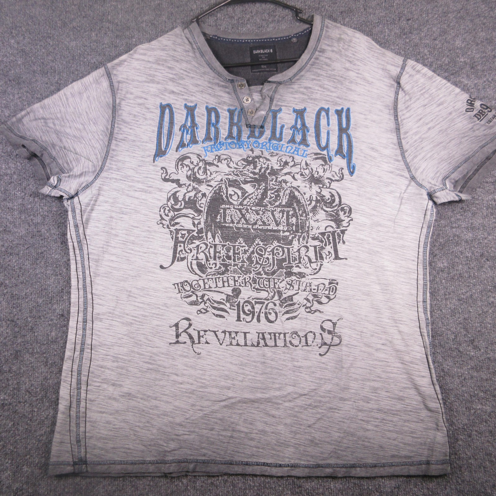 DarkBlack Shirt Mens XL Gray Henley Free Spirit Skull Graphic Tee 1976