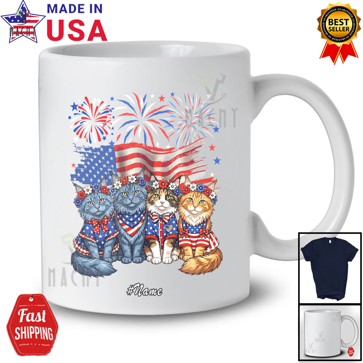 Custom Name Four Maine Coon Cat Floral; 4th Of July US Flag Patriotic T-Shirt