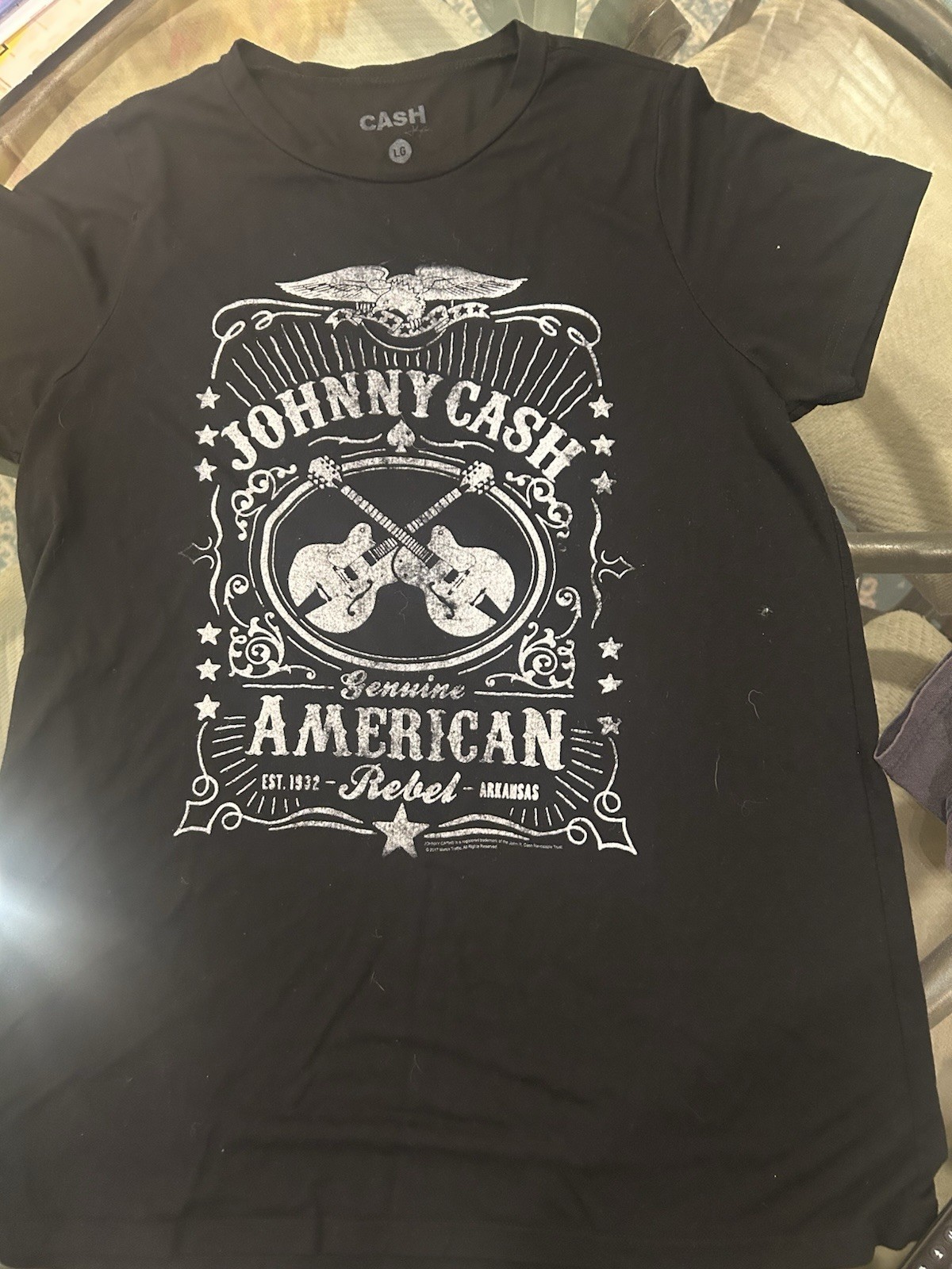 CASH Johnny Cash American Rebel Graphic Print Black Crew Neck T-Shirt L/G