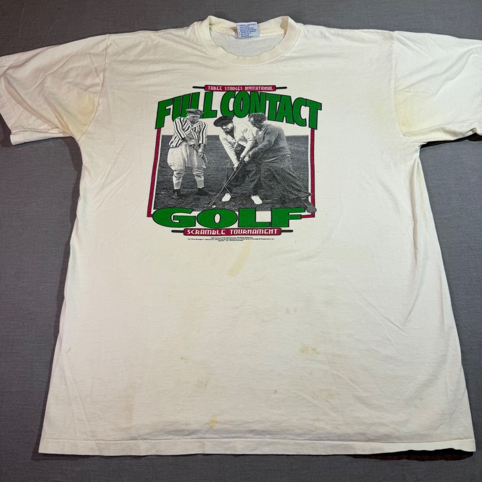 Vintage Three Stooges Golf T-Shirt Mens XL White Fair 1997 Full Contact Graphic