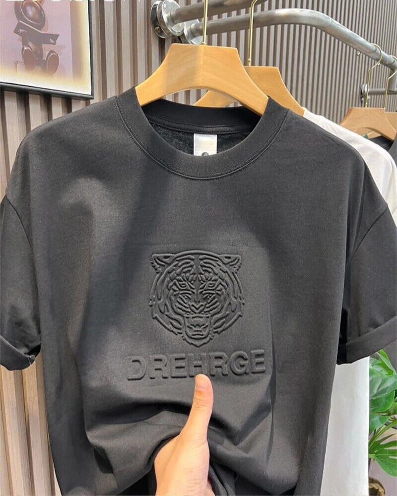New Men Fashion Trend Tiger Embroidery Summer Short Sleeve Luxury Cotton T-Shirt
