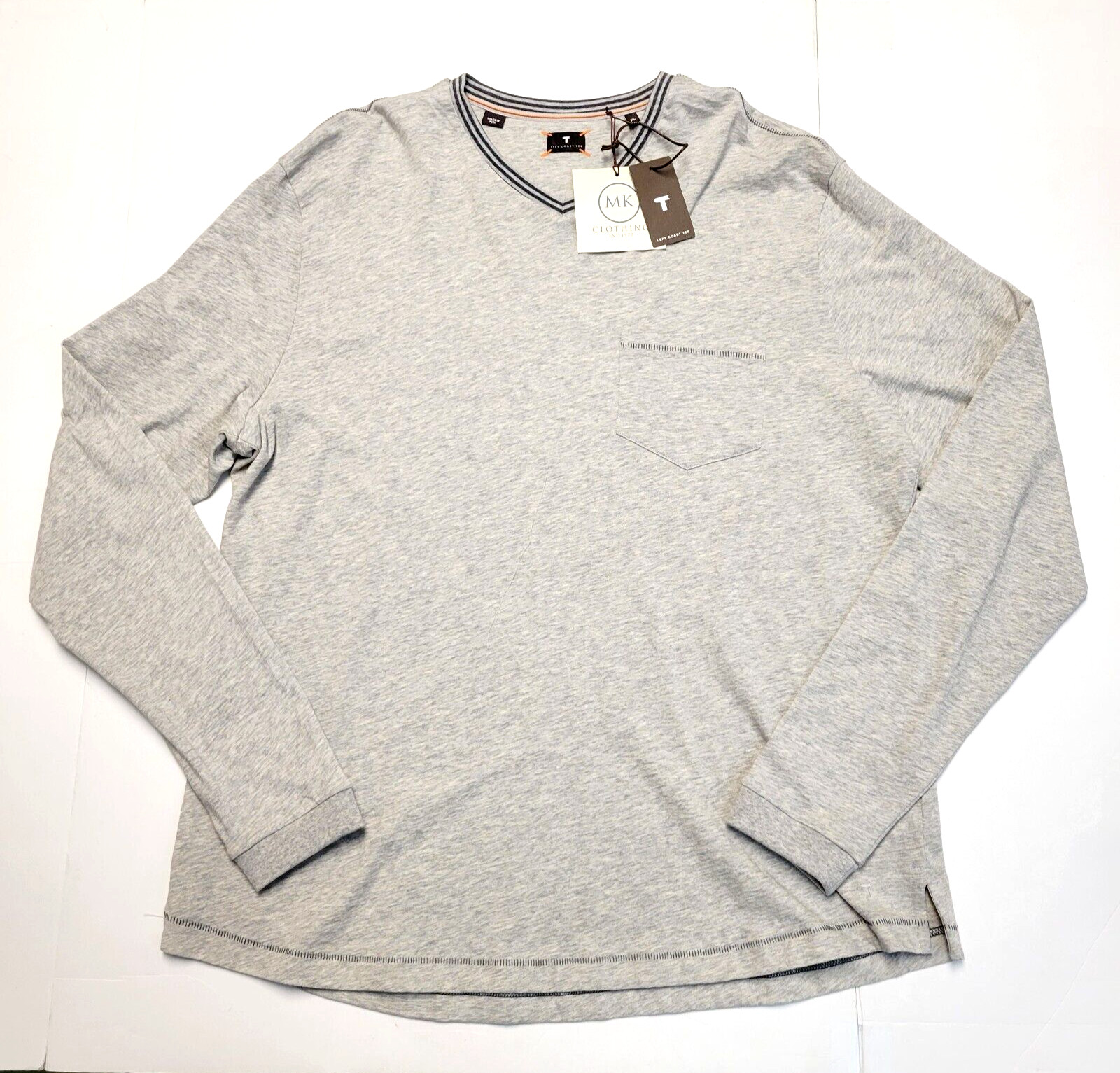 $125 New LEFT COAST TEE V-Neck Shirt L/S Cotton Men&rsquo;s XL X-LARGE Gray Pocket