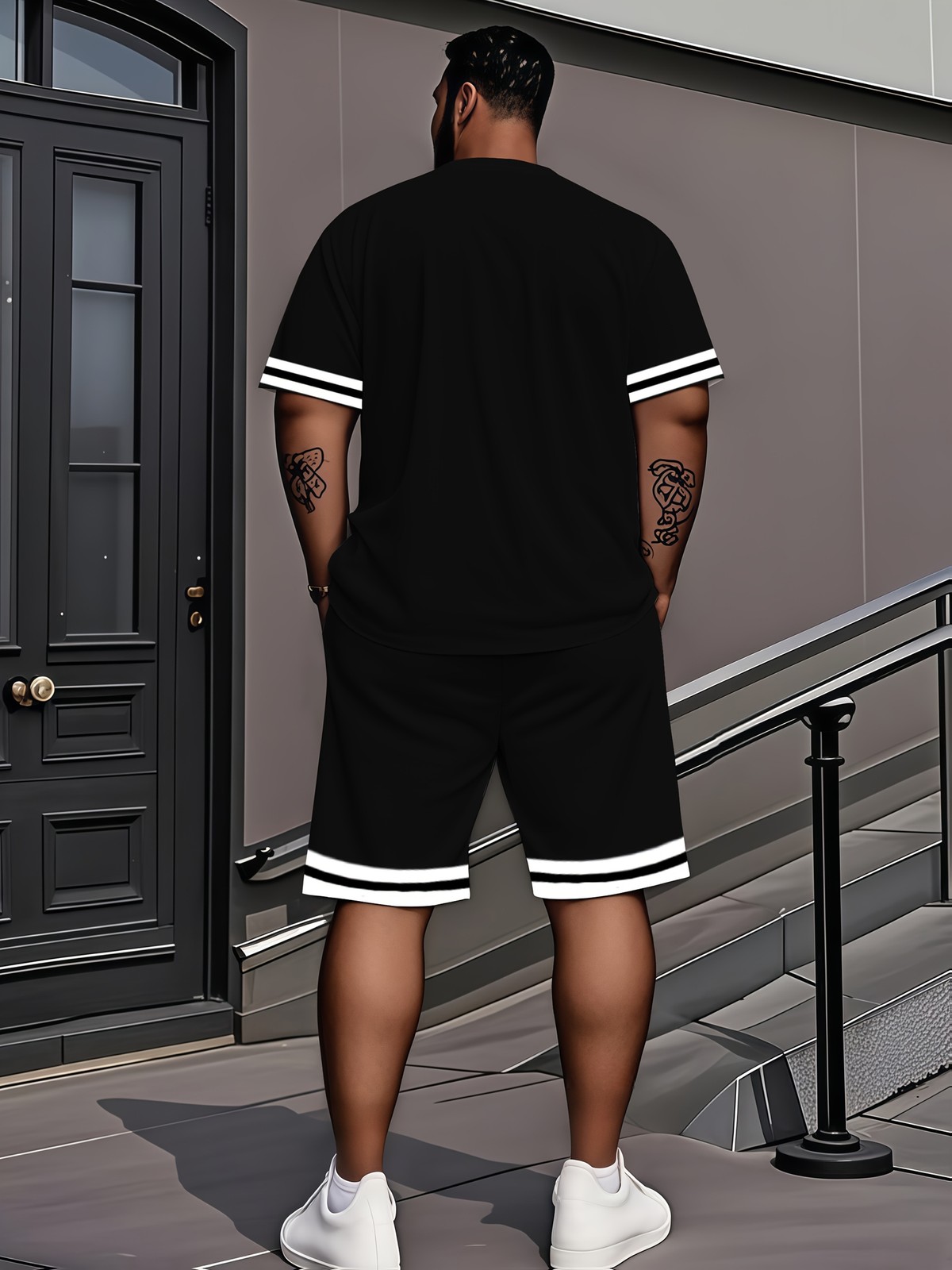 Plus-size men&rsquo;s T-shirt set, casual style, crew neck, short-sleeved, shorts set