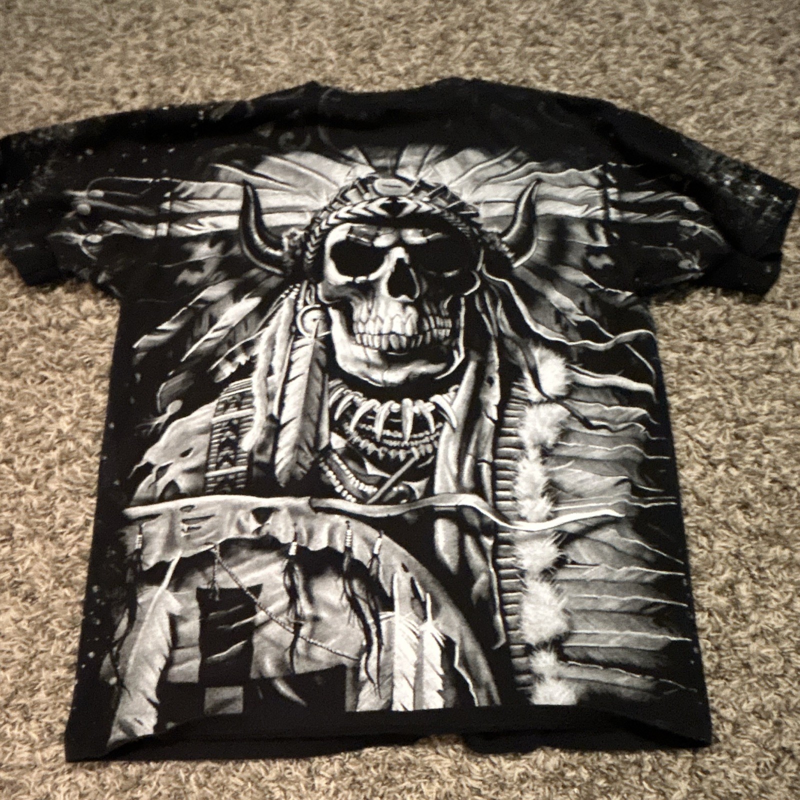 Yazbek Men’s L Black Cotton Graphic Skull Native American Crew Neck T-Shirt