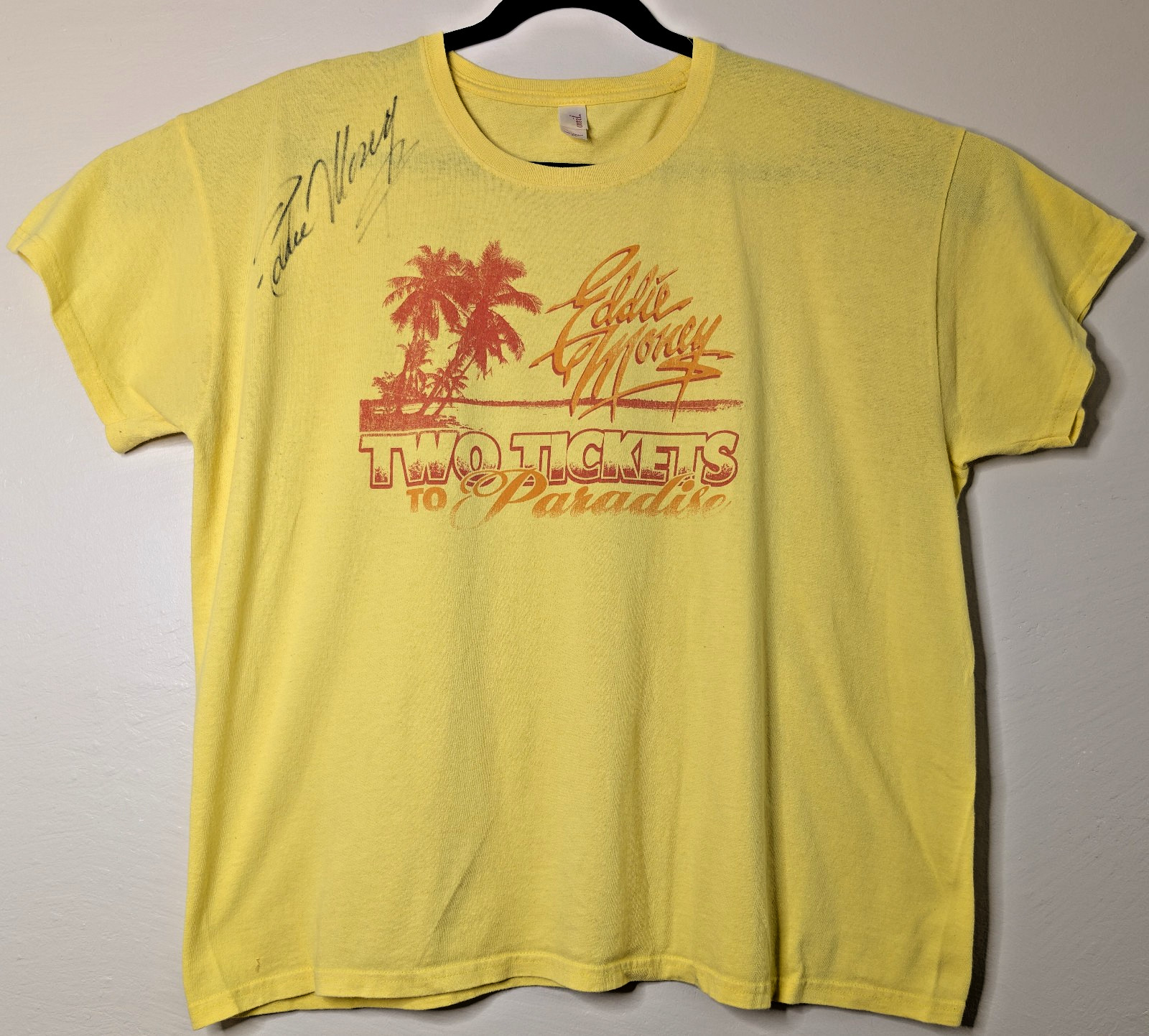 Eddie Money Two Tickets Paradise XXL Vintage Yellow Shirt SIGNED 25&Prime; W X 27&Prime; L