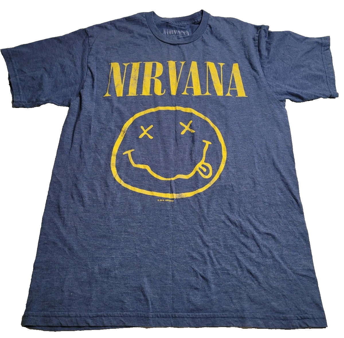 Nirvana Smiley Face Classic Spell Out Blue Yellow T-Shirt Men&rsquo;s Medium