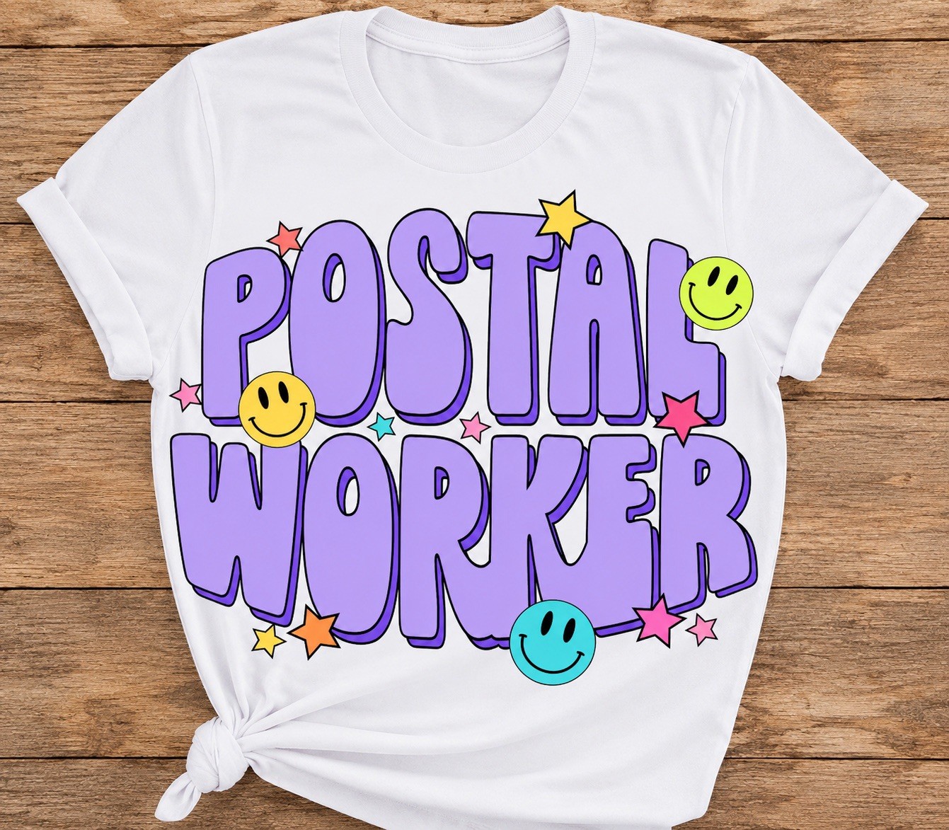Postal Worker Smiley Stars Graphic Tee Multicolor Short Sleeve One Size