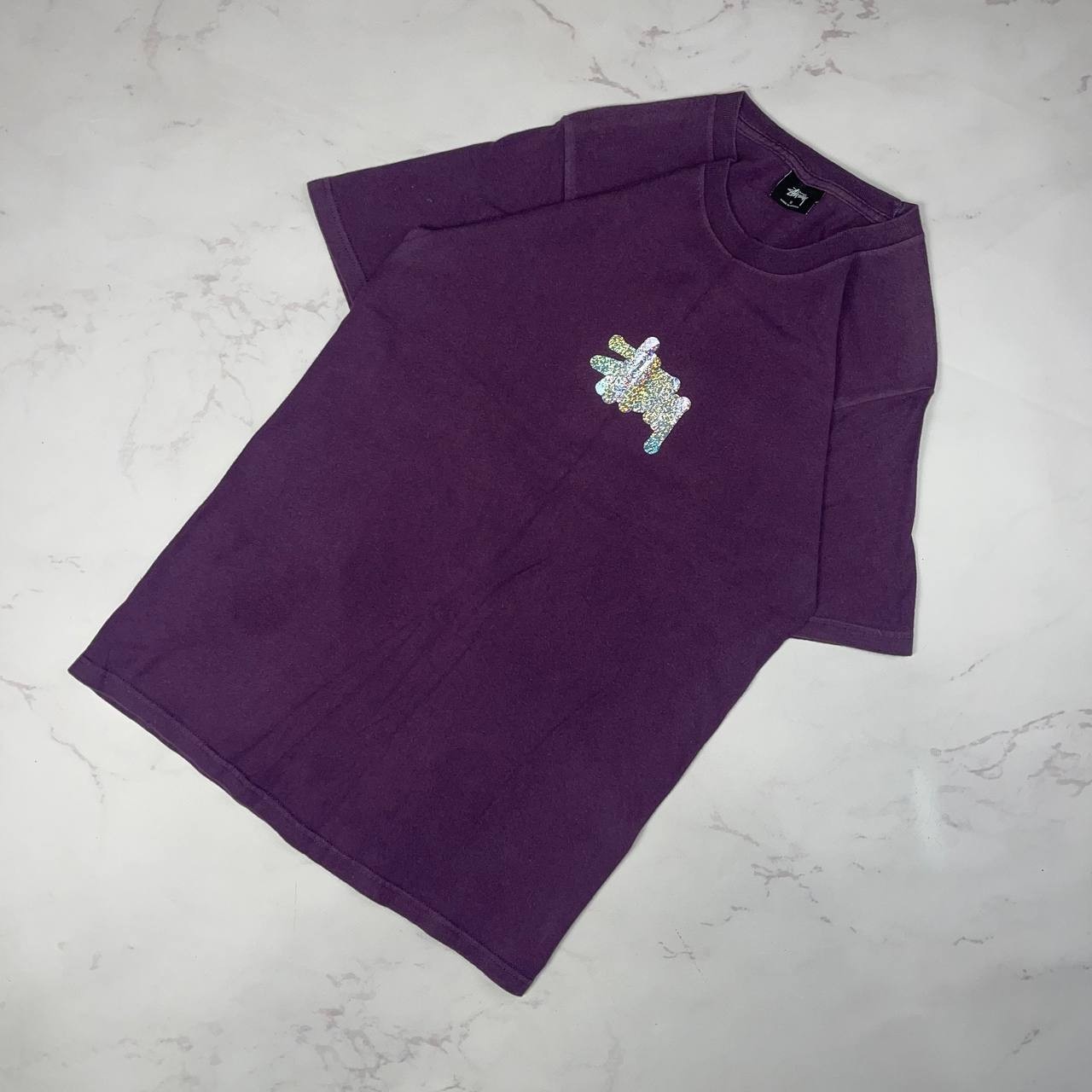 Vintage STUSSY T-Shirt Purple Glitter Logo Y2K Casual Tee Size S