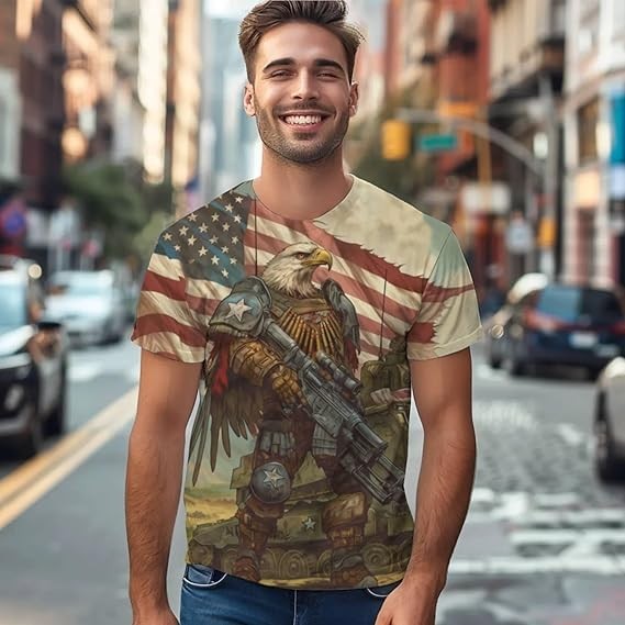 Patriotic Eagle Soldier 3D T-Shirt USA Flag Military Veteran Men Graphic Tee