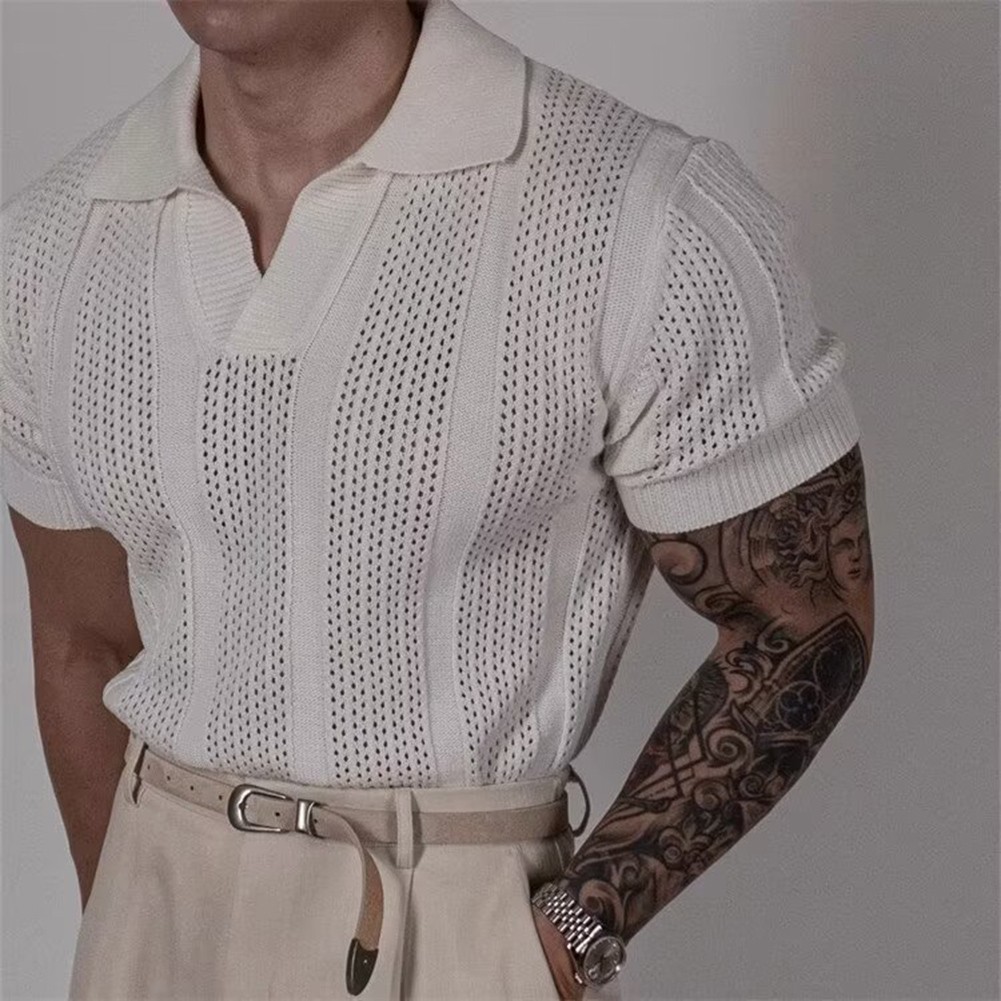 Men Hollow Lapel T Shirt Knitted Texture Fabric Korean Style for Daily Outings