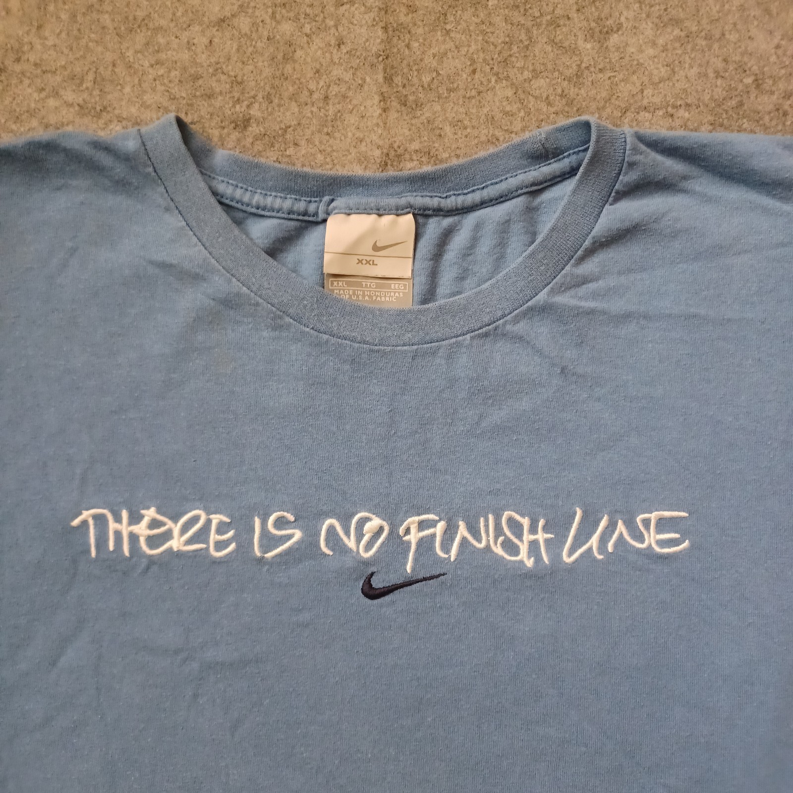 Vtg Nike T Shirt Mens XXL Blue Center Swoosh Embroidered There Is No Finish Line