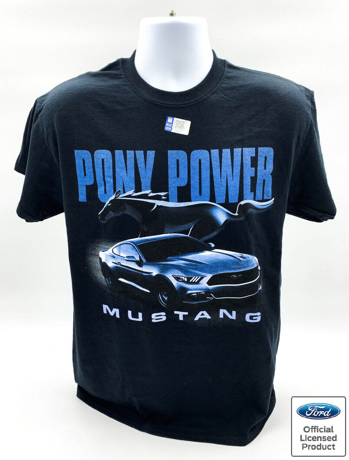 Ford Mustang T-Shirt – Black w/ Blue « Pony Power » Script & Running Pony Logo