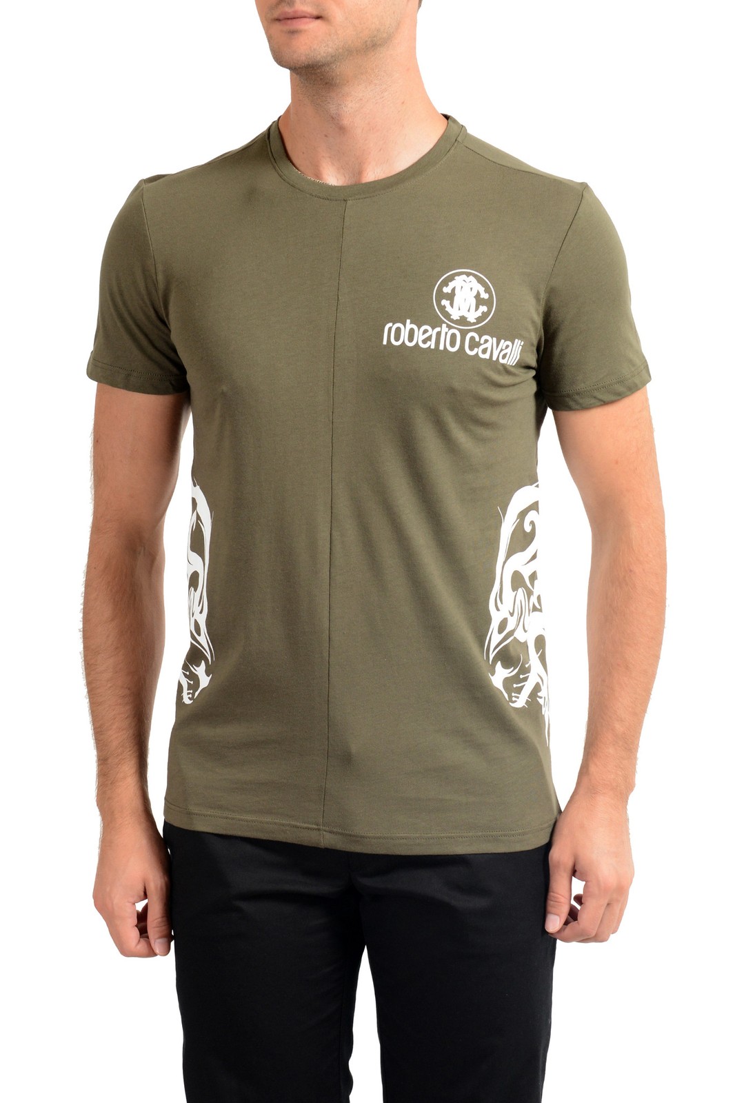 Roberto Cavalli Men&rsquo;s Olive Green Crewneck T-Shirt US 2XL IT 56