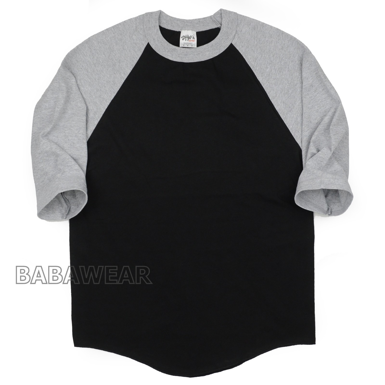 Shaka Plain Baseball Shirt Raglan 3/4 Sleeve Black Body Gray BABA Vintage Look