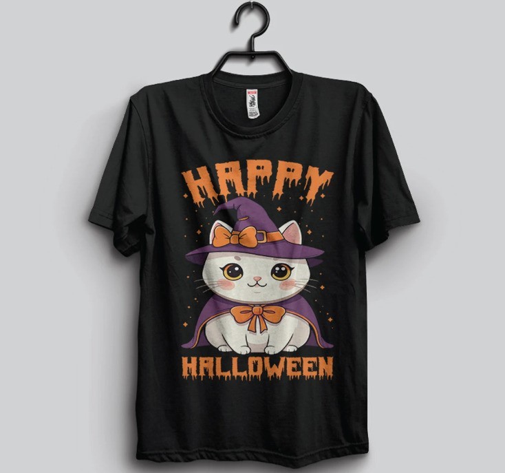Happy Halloween T Shirt Cute Witch Cat Purple Hat Kitten Spooky Holiday Graphic