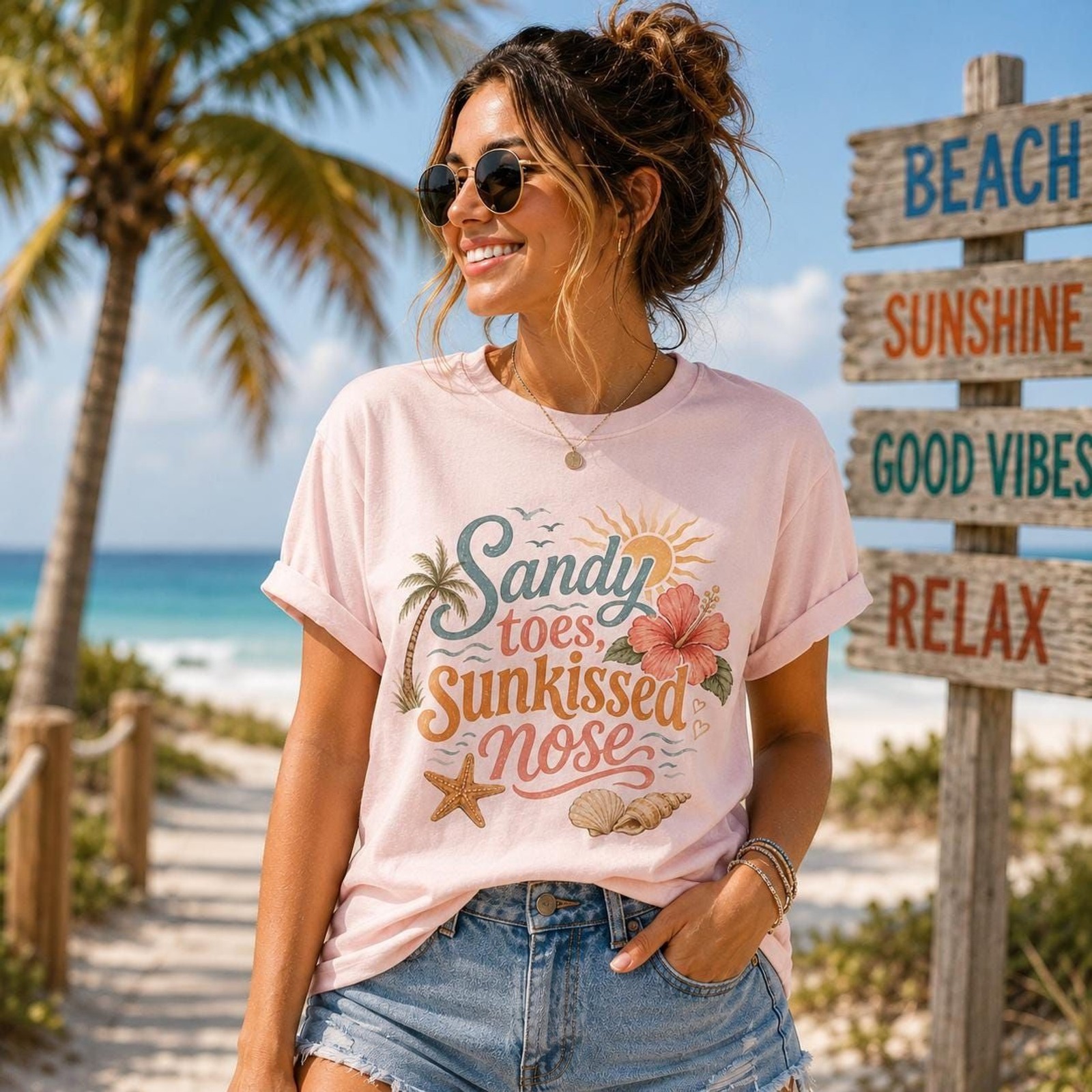 Sandy Toes Sunkissed Nose Beach Vacation Graphic Tee