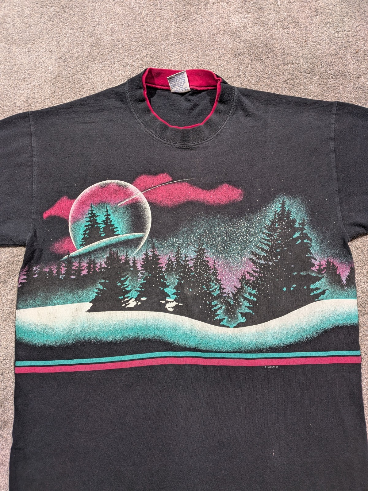 VTG Cal Cru Habitat Shirt Northern Lights Trees Print 1991 Mens Size L Black