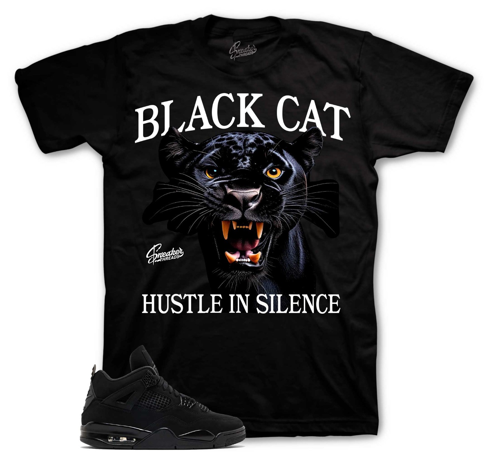 Shirt To Match Jordan 4 Black Cat AJ4 – Hustle In Silence Sneaker Tee