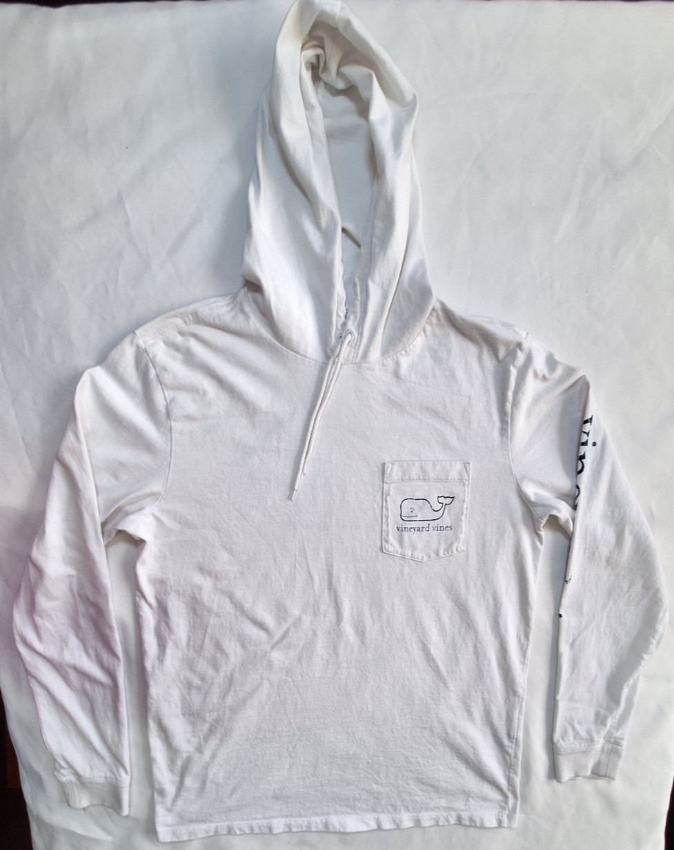 Vineyard Vines Hooded T Shirt Mens Size S White with Navy Whale Logo Pocket