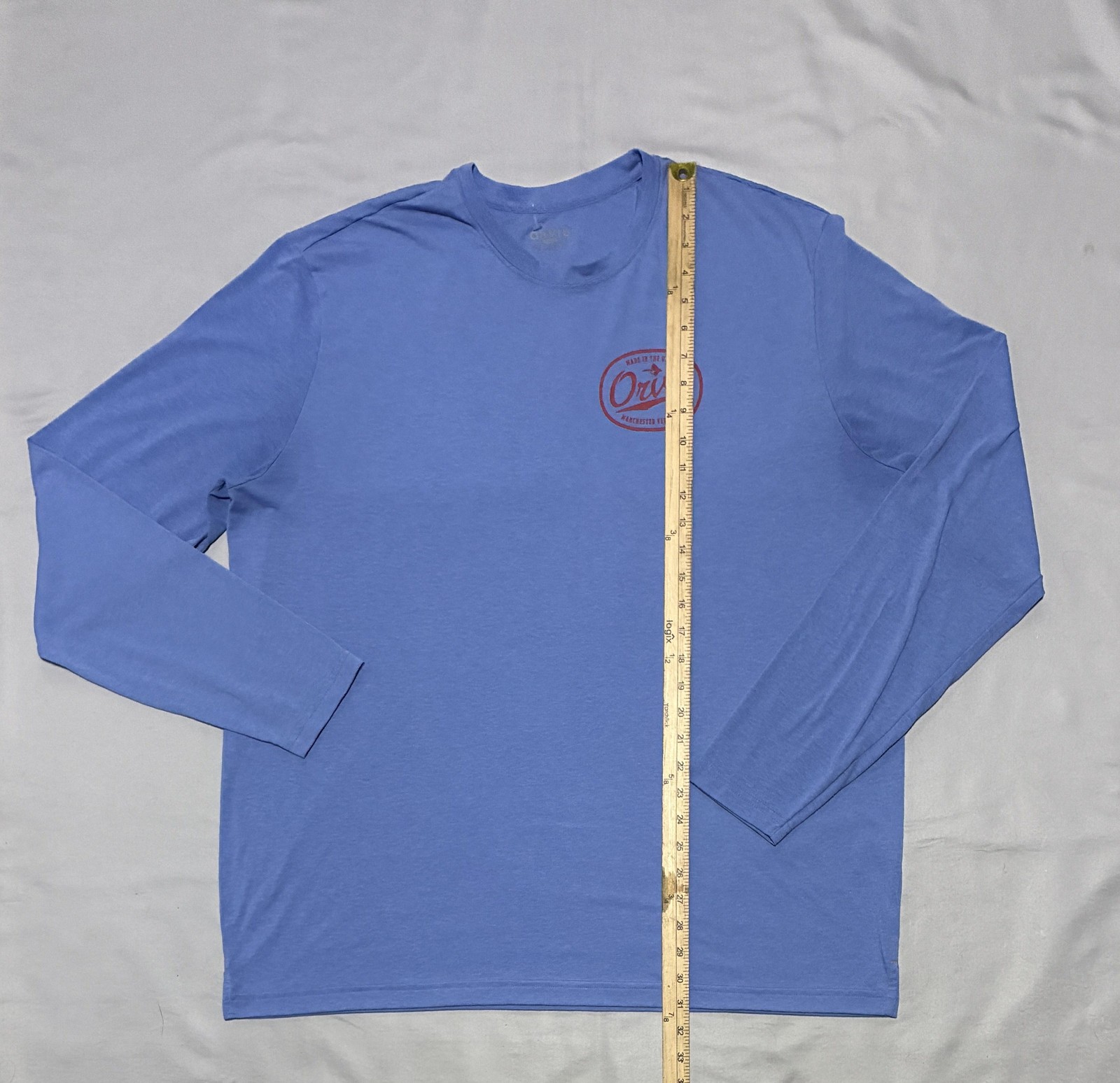Orvis Shirt Mens XL Blue Long Sleeve Manchester Vermont Logo Graphic Tee Tagless