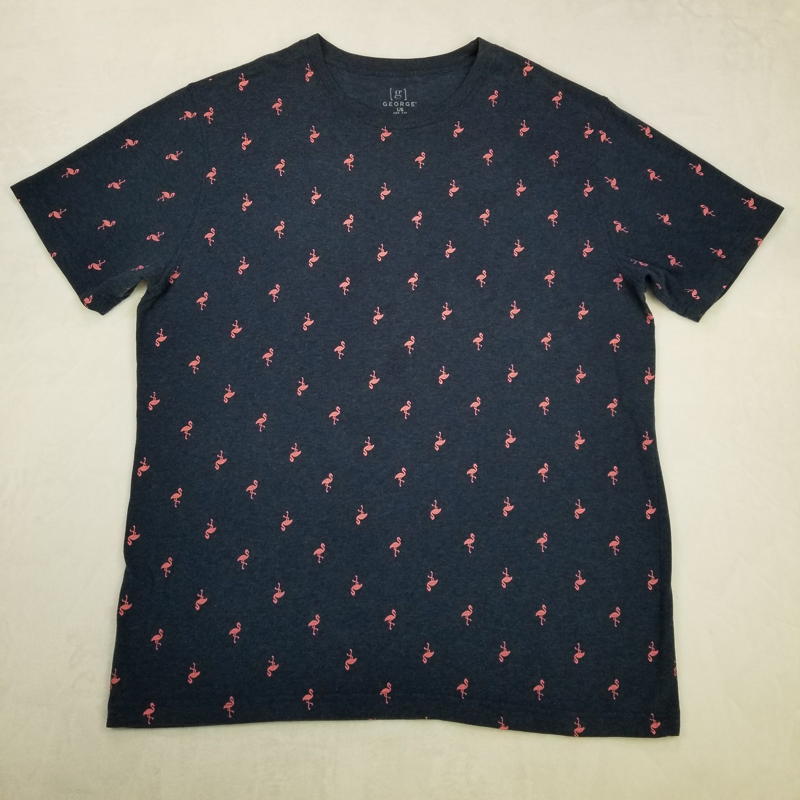 George Men&rsquo;s Navy Pink Flamingo All Over Print T-Shirt Size Large Classic