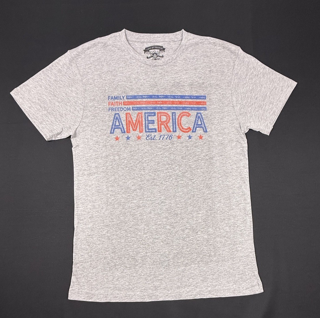 I Love My Freedom Men’s T-Shirt L Gray USA America Patriot Graphic Tee New