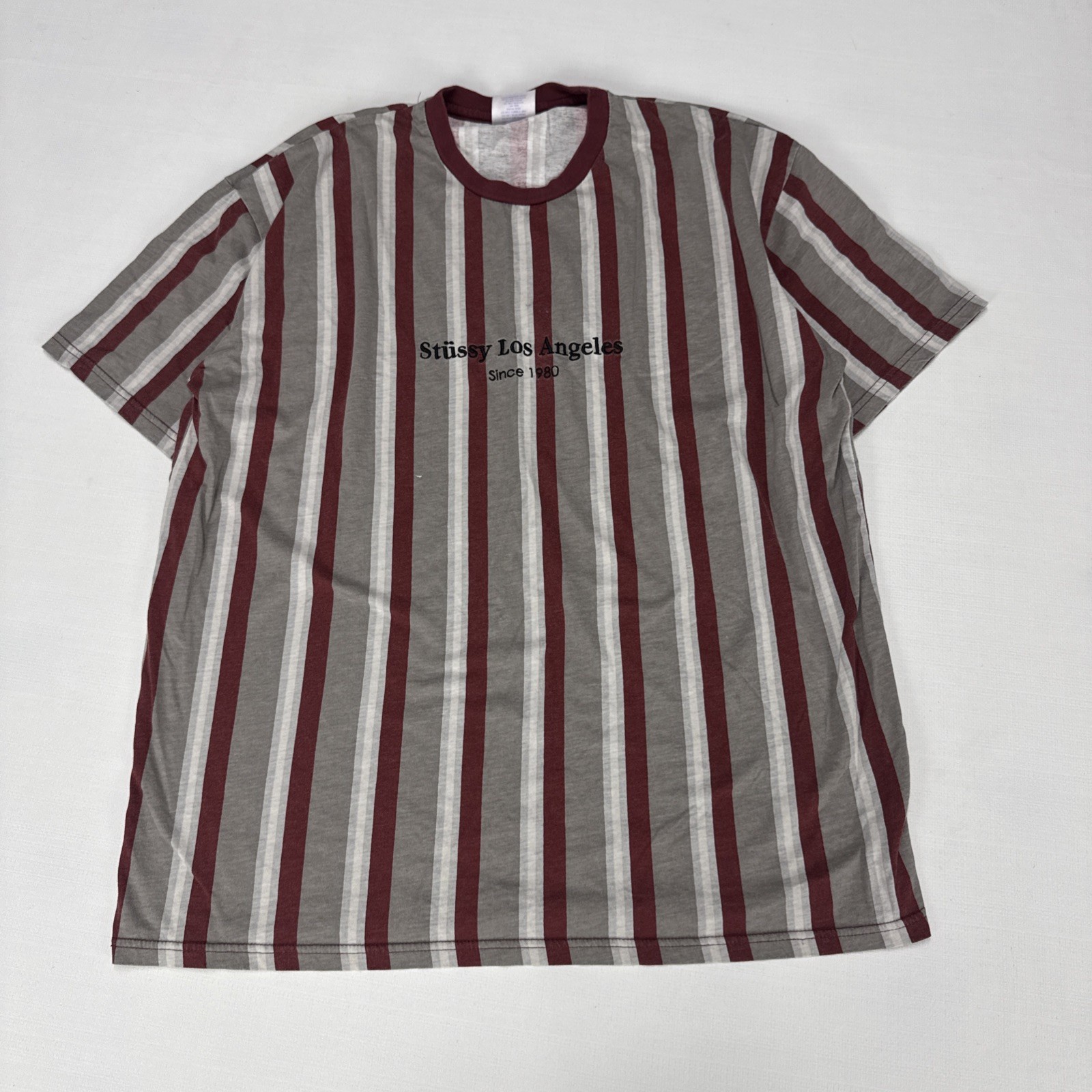 STUSSY T Shirt Mens XL Multicoloured Striped Short Sleeve Embroidery Crew Neck
