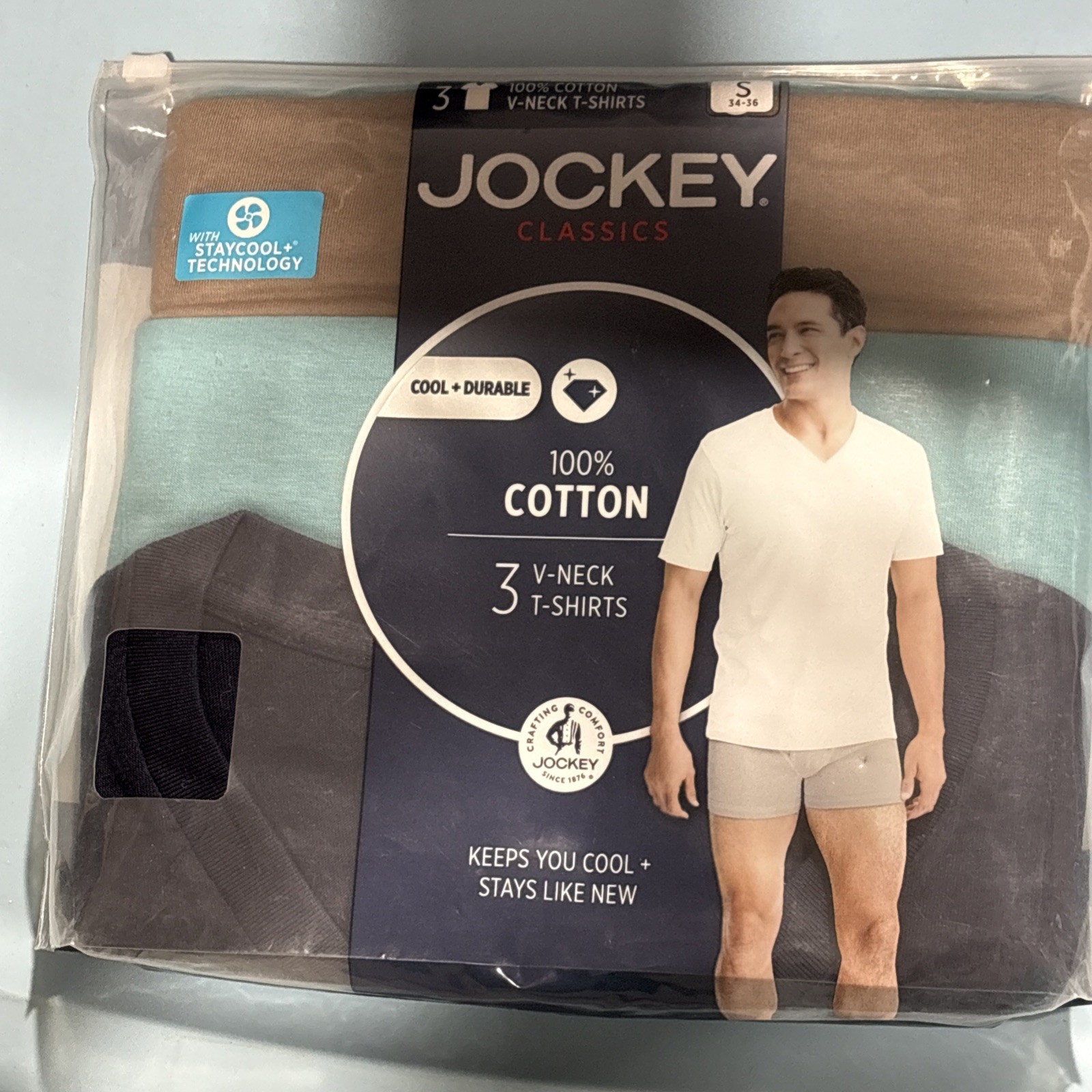 NEW! MEN&rsquo;S JOCKEY PACK OF 3 ~ CLASSICS COLORED ~ V-NECK T-SHIRTS~ SIZE: SMALL