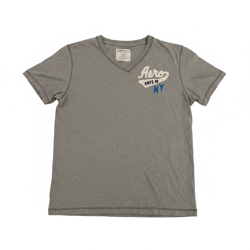 Aeropostale Grey V-Neck T-Shirt with Aero Phys Ed NY Logo, Size Large