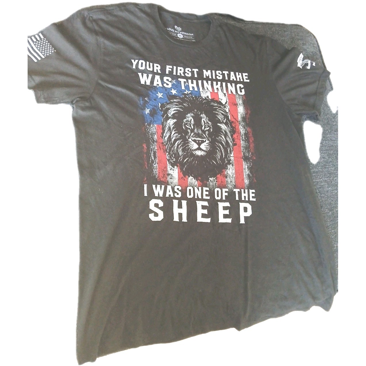 I Love My Freedom Lion American Flag Graphic T-Shirt Mens XL Black Patriotic Tee